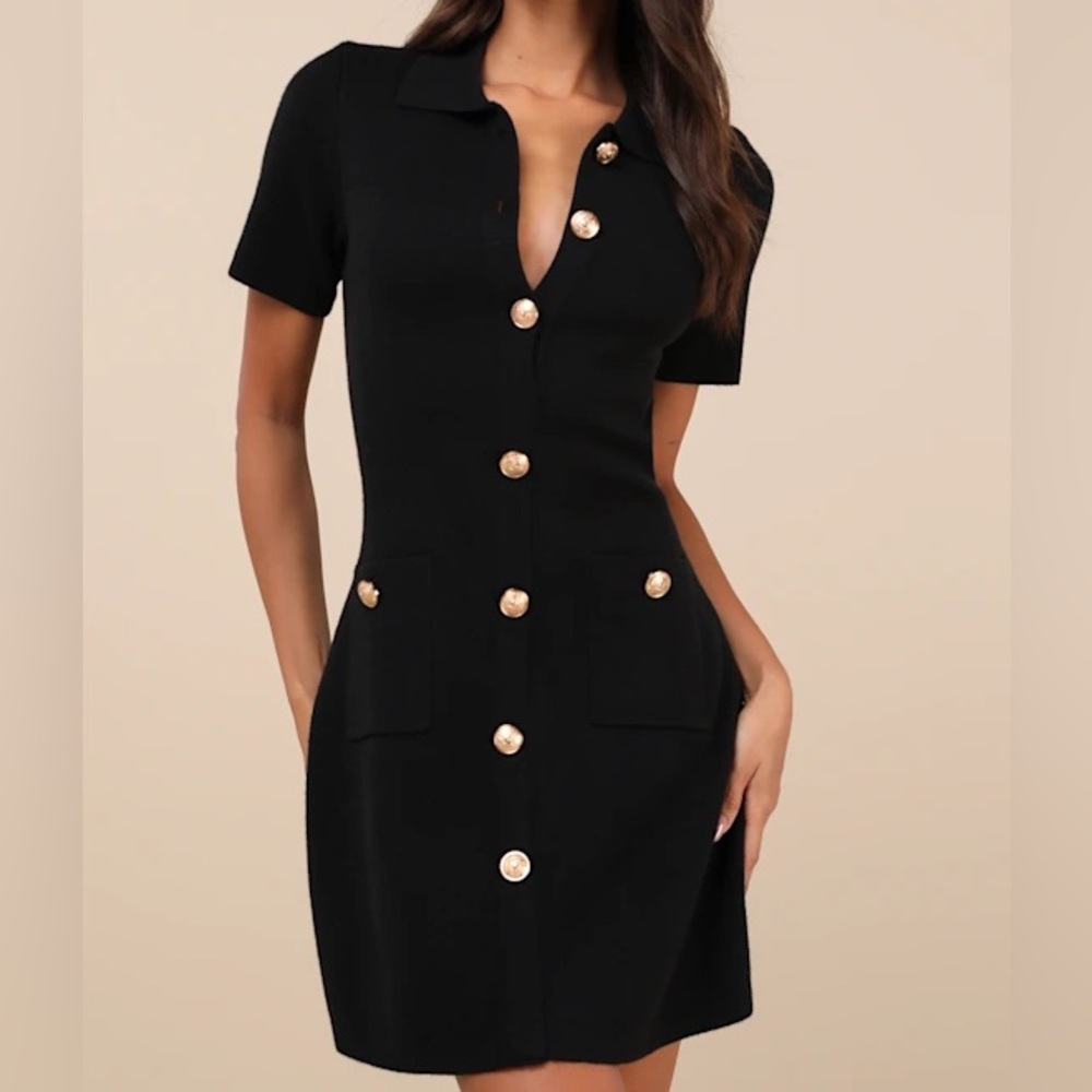 Lulu's Black Button-Front Mini Dress - Picture 1 of 8